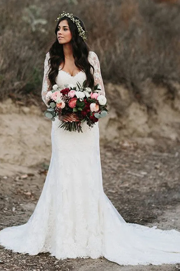 Roycebridal Gorgeous Mermaid V-neck Open Back Lace Long Sleeves Wedding Dresses with Train,MW472