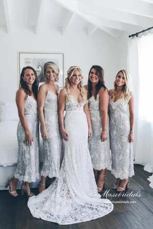 Roycebridal Graceful Mermaid V-neck Lace Wedding Dresses With Sweep Train, MW936