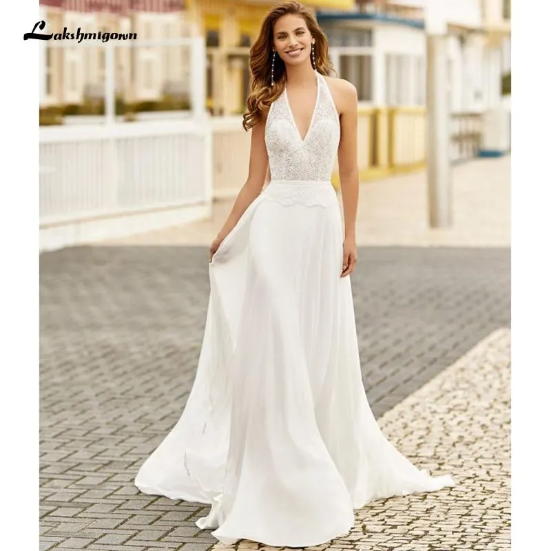 Roycebridal Halter Neck Ivory Wedding Dresses Chiffon Deep V Neck
