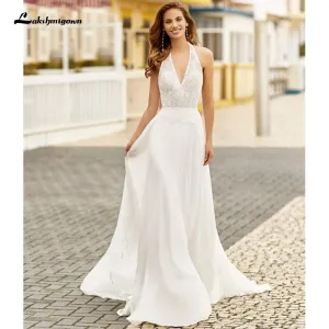 Roycebridal Halter Neck Ivory Wedding Dresses Chiffon Deep V Neck