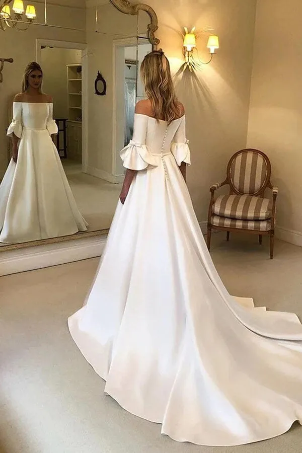 Roycebridal Ivory Satin A-line 3/4 Sleeves Off Shoulder Wedding Dresses with Pockets, MW663