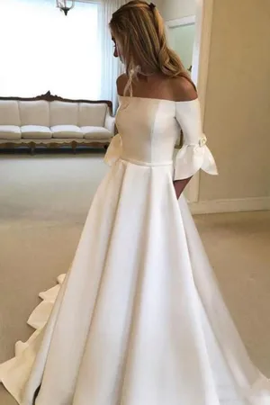 Roycebridal Ivory Satin A-line 3/4 Sleeves Off Shoulder Wedding Dresses with Pockets, MW663