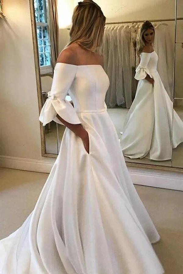 Roycebridal Ivory Satin A-line 3/4 Sleeves Off Shoulder Wedding Dresses with Pockets, MW663