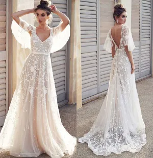 Roycebridal Ivory V Neck Beach Wedding Dresses with Lace Appliques, Bridal Dresses, MW512