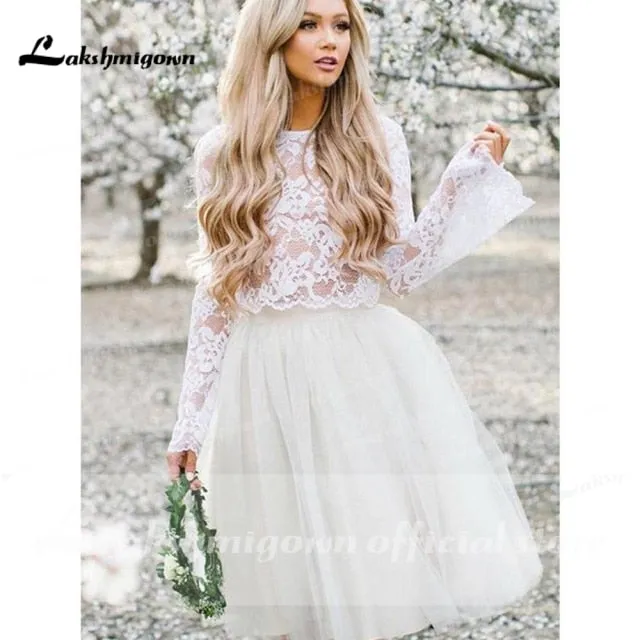 Roycebridal krotkie suknie slubne Long Sleeve Lace O Neck Short Bohemia Style Wedding Dresses Knee-Length vestido de novia corto Lakshmigown