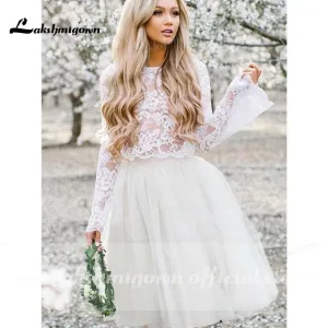 Roycebridal krotkie suknie slubne Long Sleeve Lace O Neck Short Bohemia Style Wedding Dresses Knee-Length vestido de novia corto Lakshmigown