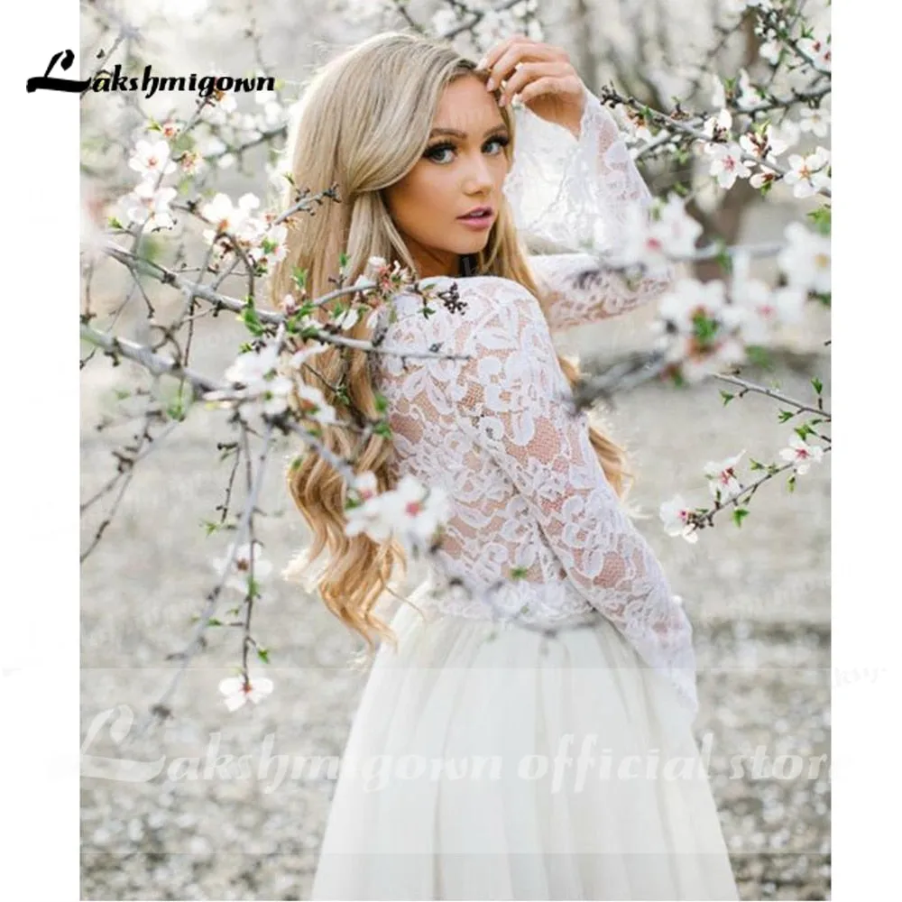 Roycebridal krotkie suknie slubne Long Sleeve Lace O Neck Short Bohemia Style Wedding Dresses Knee-Length vestido de novia corto Lakshmigown