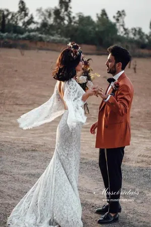 Roycebridal Lace Mermaid Backless Long Sleeves Rustic Wedding Dresses, Bridal Gown, MW964