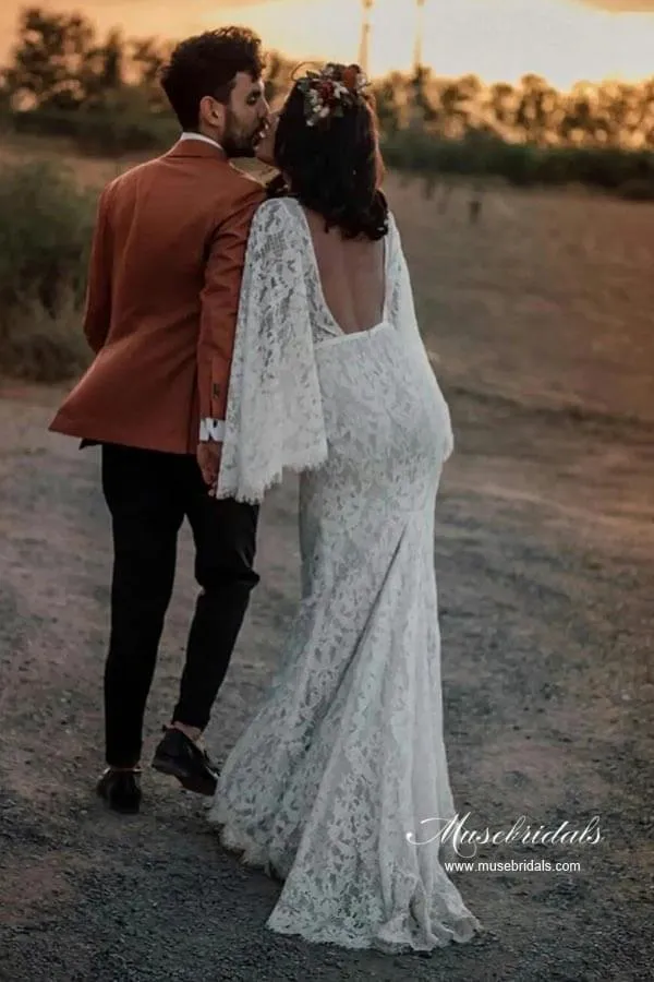 Roycebridal Lace Mermaid Backless Long Sleeves Rustic Wedding Dresses, Bridal Gown, MW964