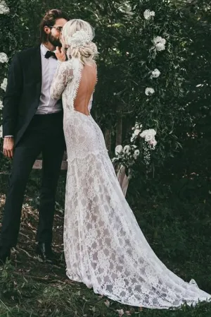 Roycebridal Lace Mermaid High Neck Long Sleeves Beach Wedding Dresses, Bridal Gown, MW618