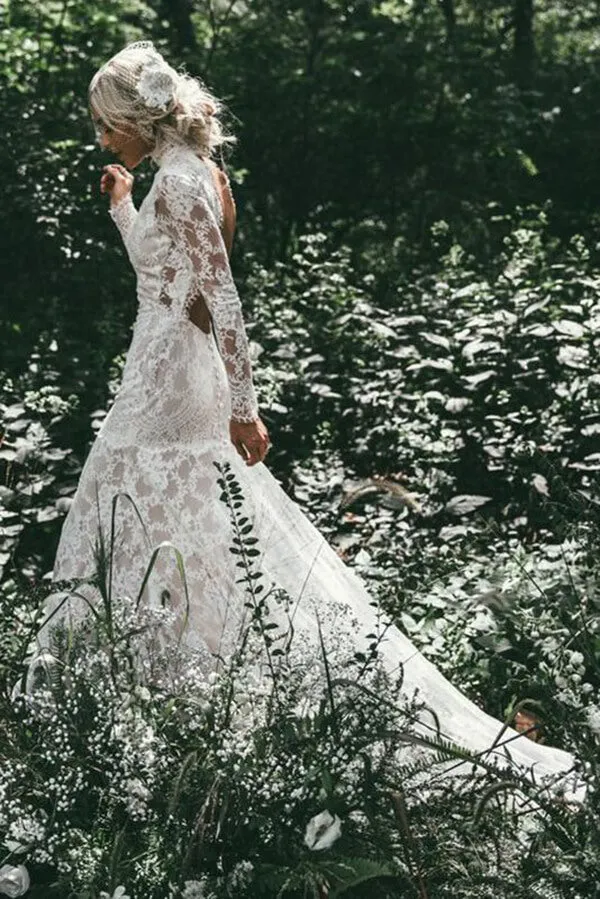 Roycebridal Lace Mermaid High Neck Long Sleeves Beach Wedding Dresses, Bridal Gown, MW618