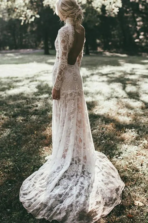 Roycebridal Lace Mermaid High Neck Long Sleeves Beach Wedding Dresses, Bridal Gown, MW618