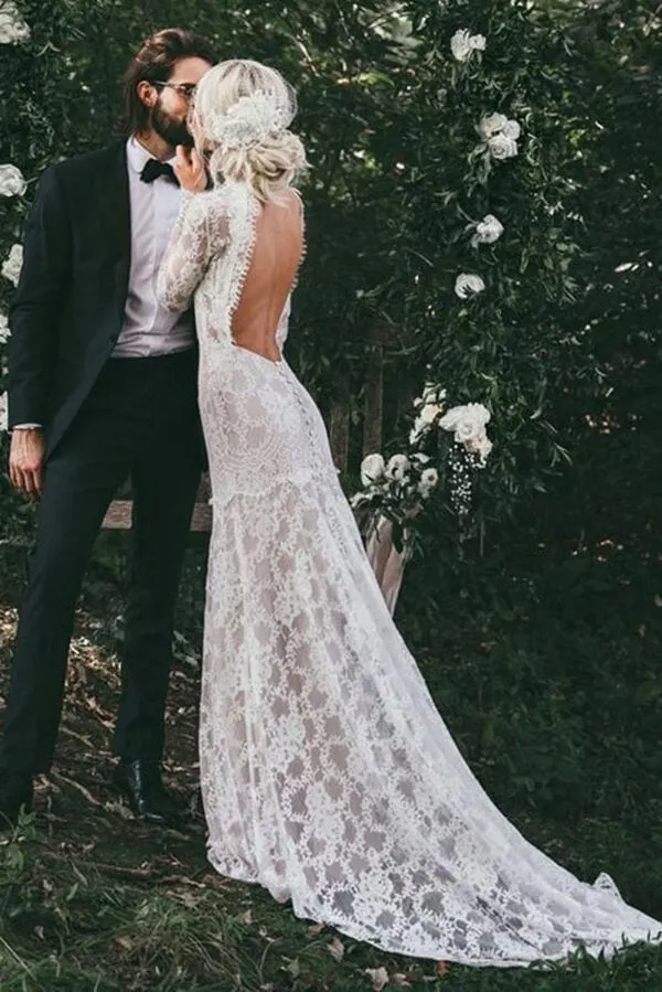 Roycebridal Lace Mermaid High Neck Long Sleeves Beach Wedding Dresses, Bridal Gown, MW618