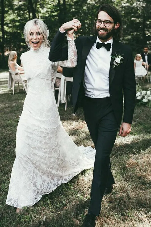 Roycebridal Lace Mermaid High Neck Long Sleeves Beach Wedding Dresses, Bridal Gown, MW618