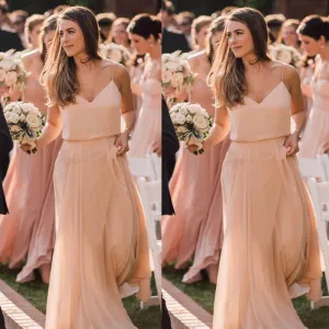 Roycebridal Long Pink Chiffon Bridesmaid Dresses V Neck Spaghetti-straps