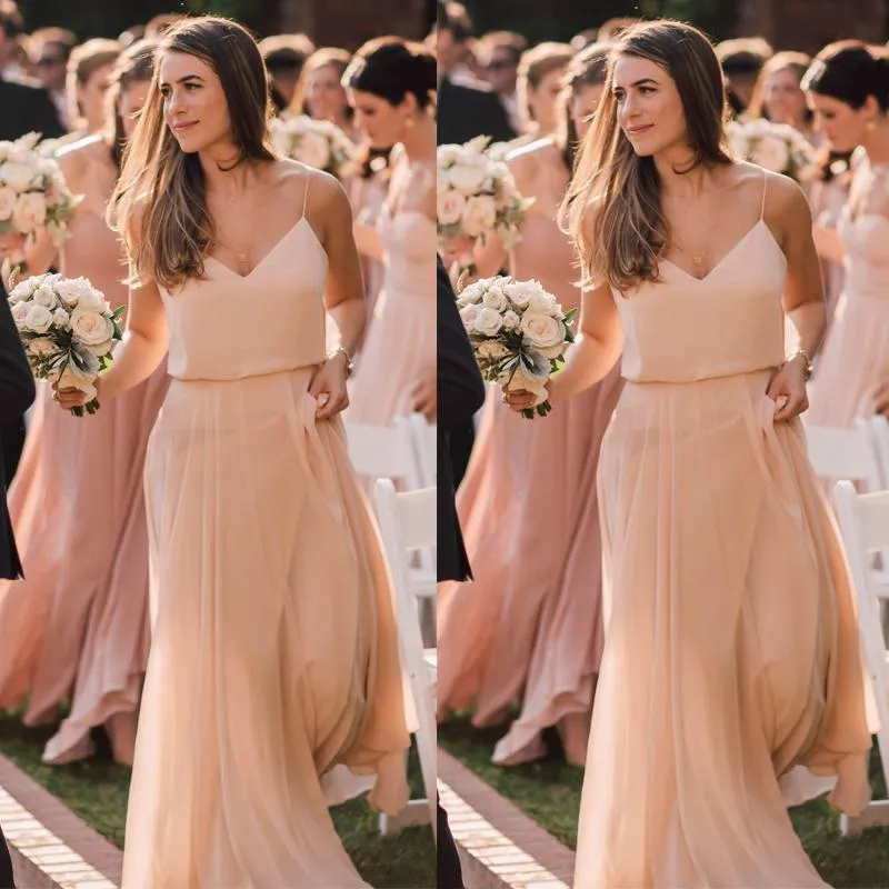 Roycebridal Long Pink Chiffon Bridesmaid Dresses V Neck Spaghetti-straps