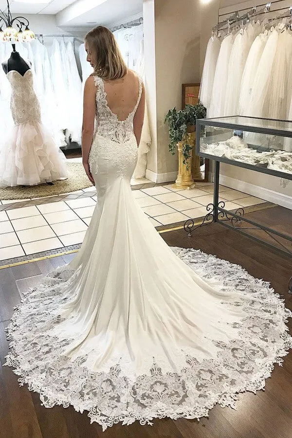 Roycebridal Mermaid Satin Lace V-neck Appliqued Wedding Dresses With Chapel Train, MW603