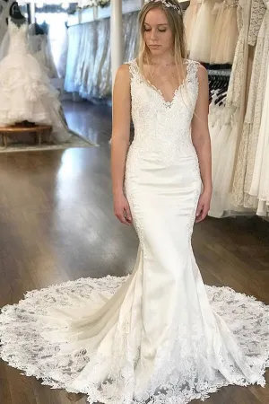 Roycebridal Mermaid Satin Lace V-neck Appliqued Wedding Dresses With Chapel Train, MW603