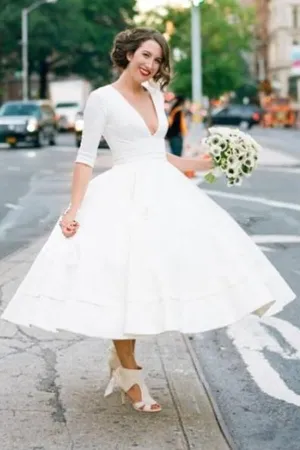 Roycebridal Modest A-line V-neck Half Sleeves Tea Length Taffeta Wedding Dresses, MW531