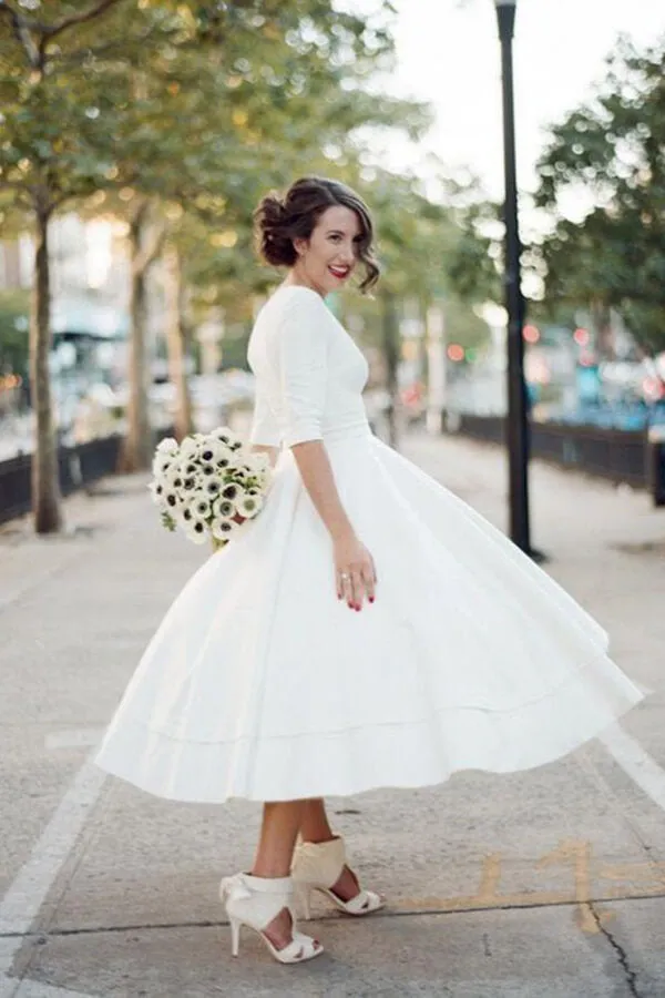 Roycebridal Modest A-line V-neck Half Sleeves Tea Length Taffeta Wedding Dresses, MW531