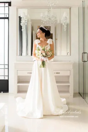 Roycebridal Satin A-line Sweetheart Court Train Wedding Dresses With Bowtie Straps, MW882