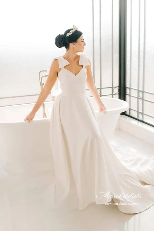 Roycebridal Satin A-line Sweetheart Court Train Wedding Dresses With Bowtie Straps, MW882