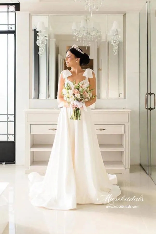 Roycebridal Satin A-line Sweetheart Court Train Wedding Dresses With Bowtie Straps, MW882