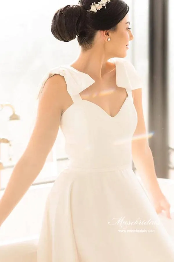 Roycebridal Satin A-line Sweetheart Court Train Wedding Dresses With Bowtie Straps, MW882