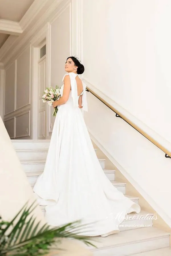 Roycebridal Satin A-line Sweetheart Court Train Wedding Dresses With Bowtie Straps, MW882