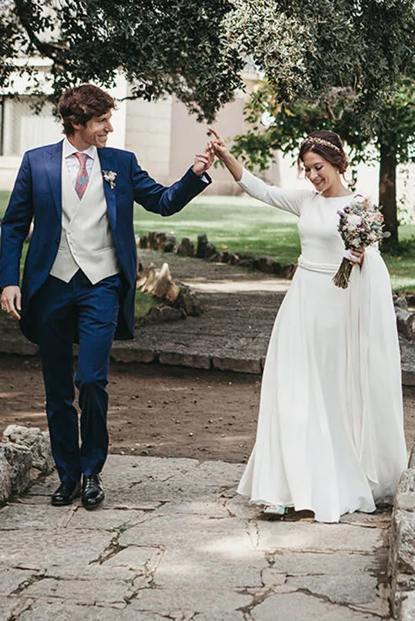 Roycebridal Simple Cornflower A-line Ivory Satin Embroidery Long Sleeves Wedding Dresses,MW373