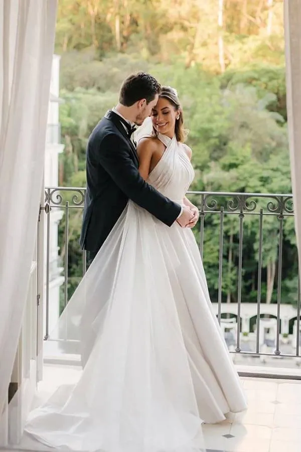 Roycebridal Simple Satin A-line Halter Neck Criss Straps Wedding Dresses, Bridal Gown, MW873