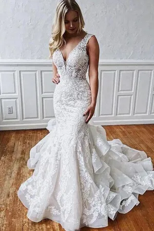 Roycebridal Stunning Mermaid Tulle Lace Wedding Dresses With Ruffles, Bridal Gown, MW783