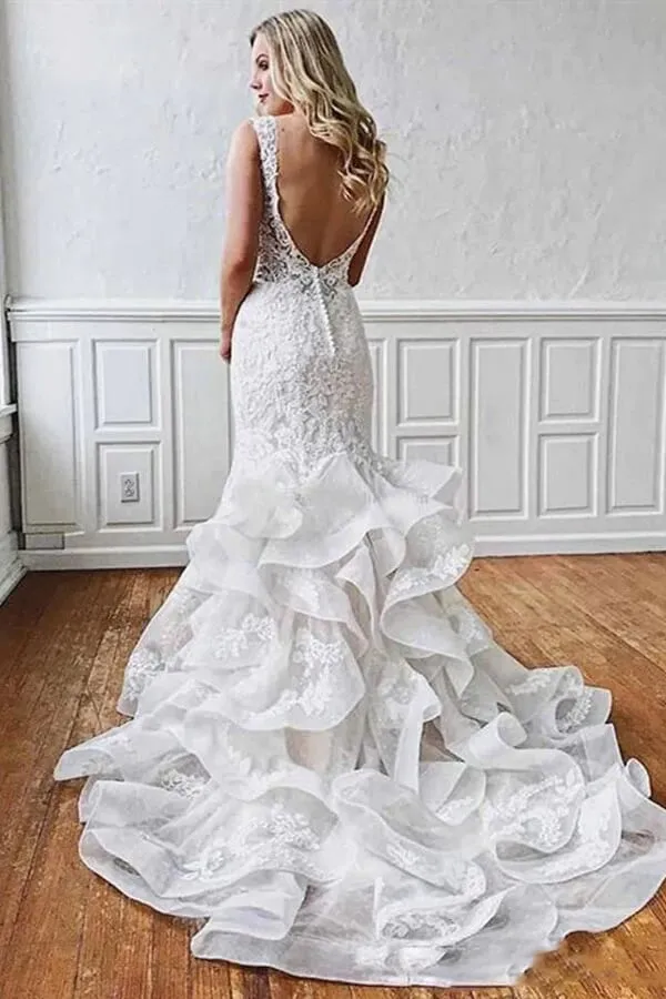 Roycebridal Stunning Mermaid Tulle Lace Wedding Dresses With Ruffles, Bridal Gown, MW783