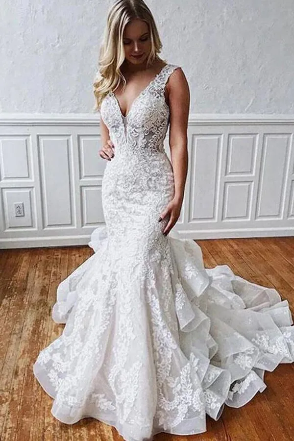 Roycebridal Stunning Mermaid Tulle Lace Wedding Dresses With Ruffles, Bridal Gown, MW783