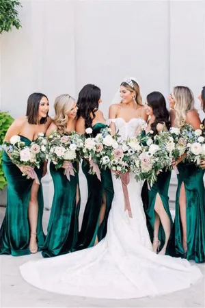 Roycebridal Sweetheart Emerald Green Velvet Bridesmaid Dresses High Thigh Slit