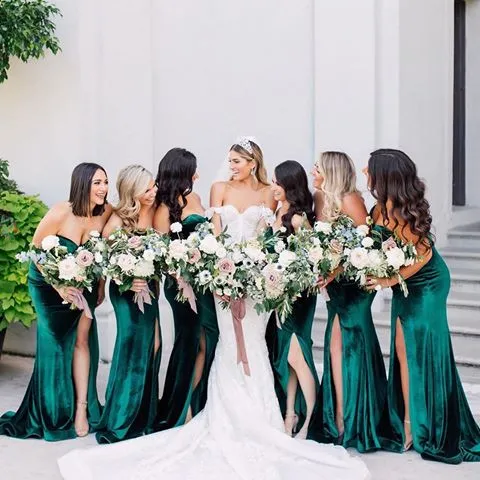 Roycebridal Sweetheart Emerald Green Velvet Bridesmaid Dresses High Thigh Slit
