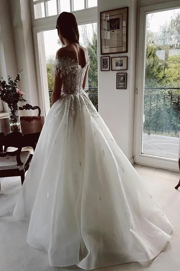 Roycebridal Tulle A-line Off-the-Shoulder Lace Appliqued Rustic Wedding Dresses, MW1020