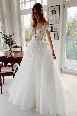 Roycebridal Tulle A-line Off-the-Shoulder Lace Appliqued Rustic Wedding Dresses, MW1020