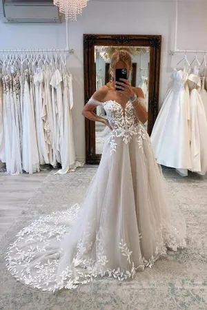 Roycebridal Tulle A-line Off-the-Shoulder Wedding Dresses With Lace Appliques, MW912