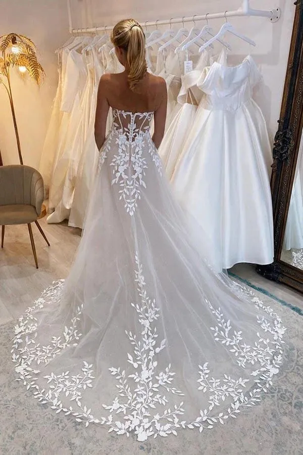 Roycebridal Tulle A-line Off-the-Shoulder Wedding Dresses With Lace Appliques, MW912