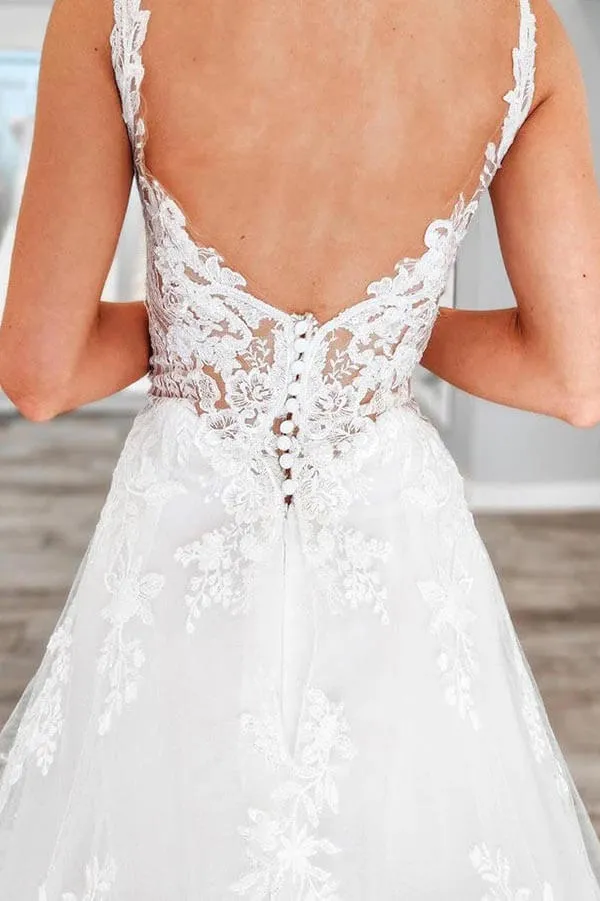Roycebridal Tulle A-line V-neck Lace Appliques Wedding Dresses With Chapel Train, MW888