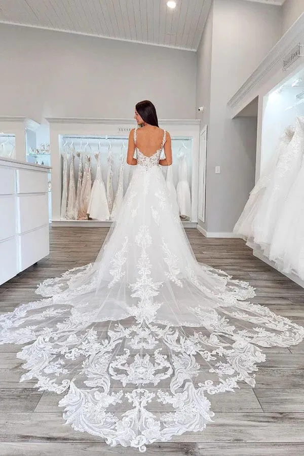 Roycebridal Tulle A-line V-neck Lace Appliques Wedding Dresses With Chapel Train, MW888