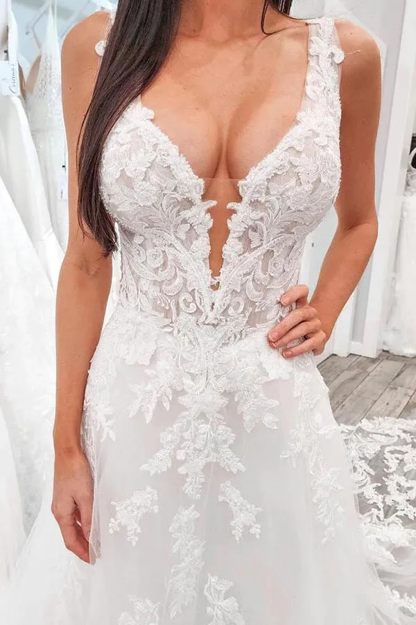 Roycebridal Tulle A-line V-neck Lace Appliques Wedding Dresses With Chapel Train, MW888