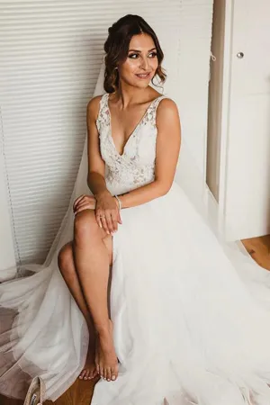 Roycebridal Tulle A-line V-neck Lace Wedding Dress With Side Slit, Wedding Gown, MW808