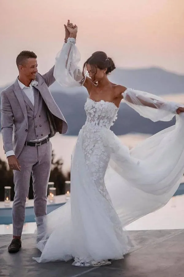 Roycebridal Tulle Lace Mermaid Beach Wedding Dresses With Detachable Train, MW899