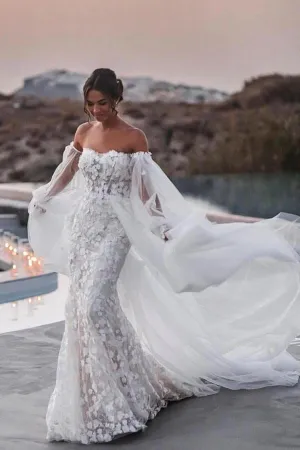 Roycebridal Tulle Lace Mermaid Beach Wedding Dresses With Detachable Train, MW899
