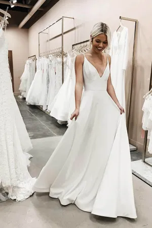 Roycebridal V-neck Spaghetti Straps Soft Satin Long Wedding Dresses, Simple Wedding Dresses,MW399