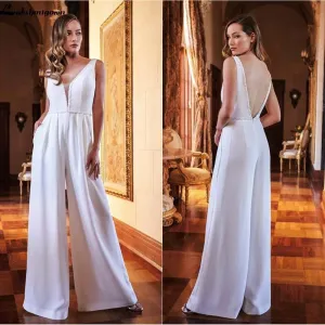 Roycebridal Vintage Satin Wedding Dresses Jumpsuit Beading