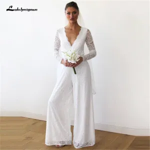 Roycebridal White Lace Women Jumpsuits Wedding Dresses Long Sleeve