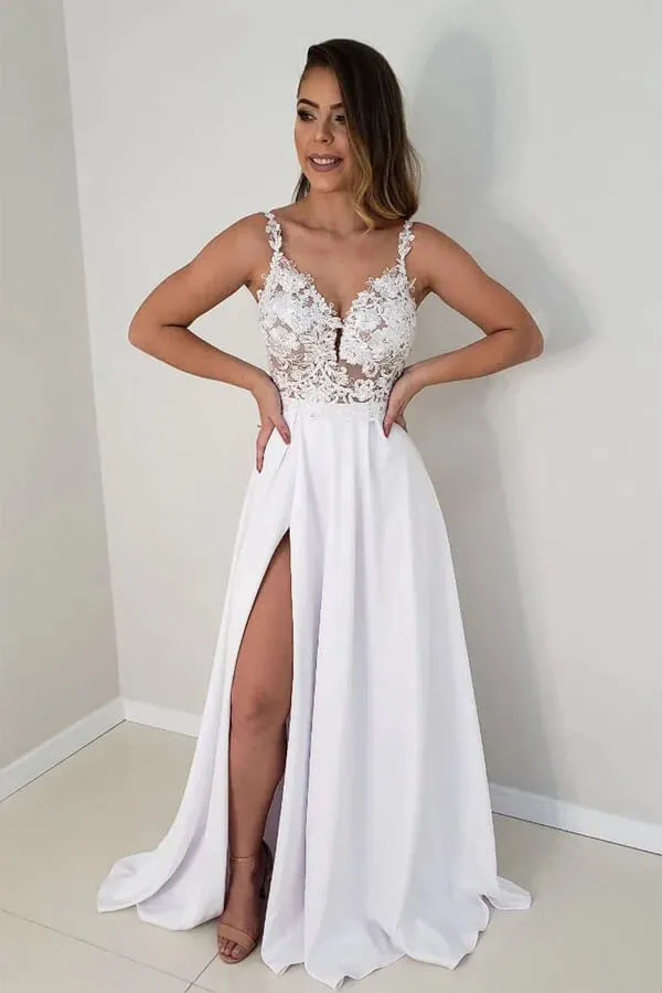 Roycebridal White Satin Lace Top A-line Wedding Dresses With Side Slit, Bridal Gowns, MW785